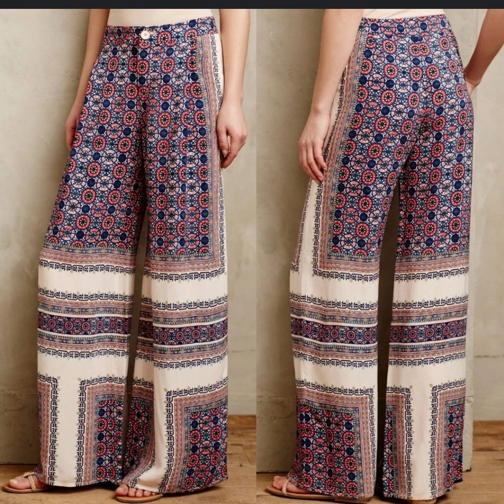 Anthropologie Elevenses Yida Printed Wide Leg Pants Size 6 Boho Palazzo Pockets